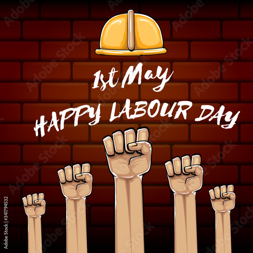 Happy labour day vector label with strong orange fist isolated on brick wall background. vector happy labor day background with man hand. red workers may day poster