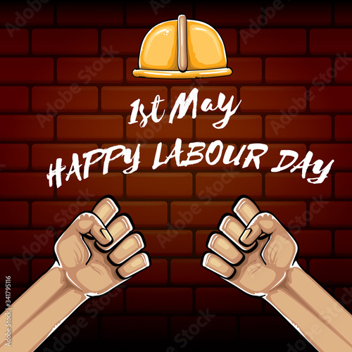 Happy labour day vector label with strong orange fist isolated on brick wall background. vector happy labor day background with man hand. red workers may day poster