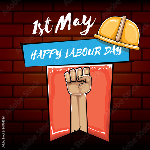 Happy labour day vector label with strong orange fist isolated on brick wall background. vector happy labor day background with man hand. red workers may day poster