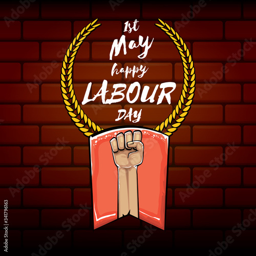 Happy labour day vector label with strong orange fist isolated on brick wall background. vector happy labor day background with man hand. red workers may day poster