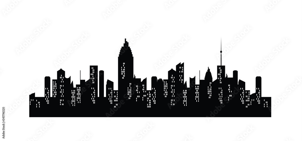 Black cities silhouette with window. Night town on white background. Jpeg
