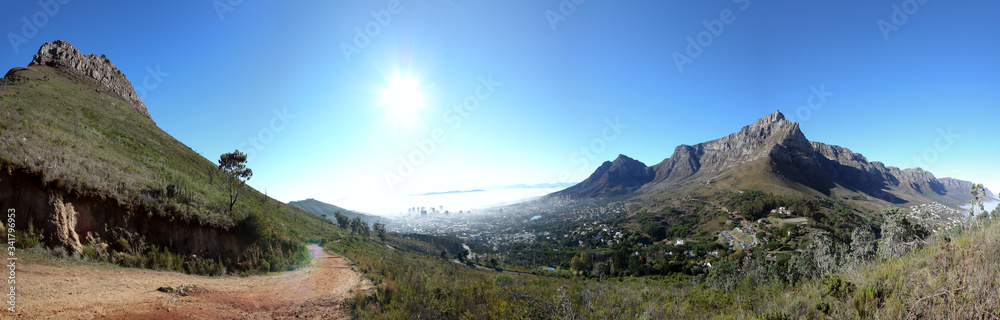 panorama of table mountain, cpe town city and lions head mountain