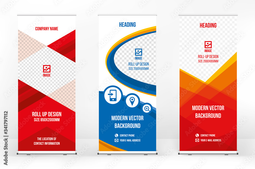 Roll-up banner template, a set of modern portable stands roll-up for advertising, banner for presentations, conferences, exhibitions, mobile banner for product promotion and advertising Roll-up banner template, a set of modern portable stands roll-up for advertising, banner for presentations, conferences, exhibitions, mobile banner for product promotion and advertising