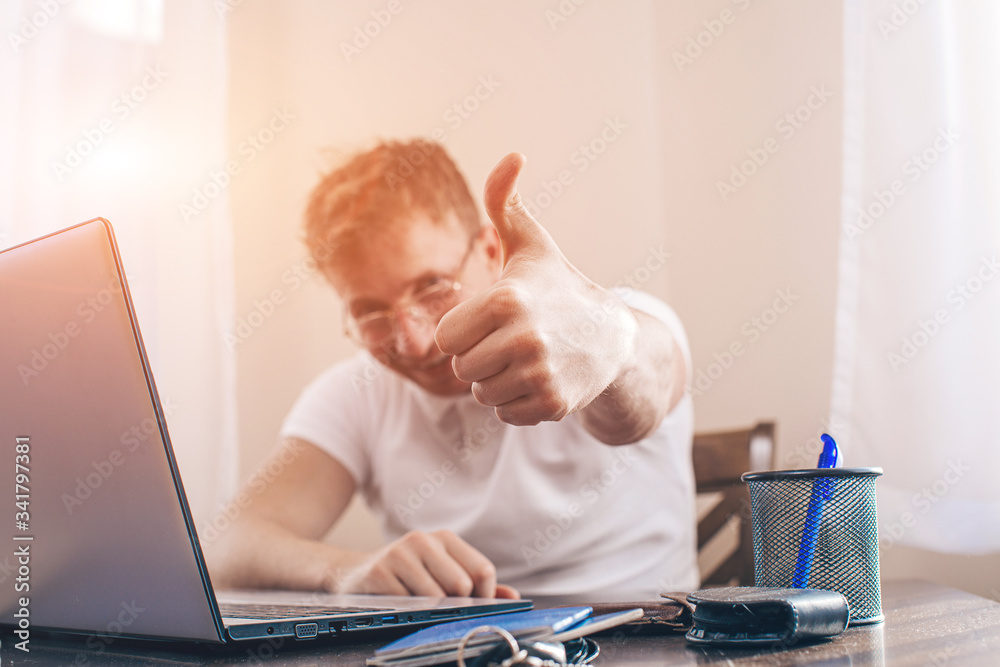 Man yes. Laptop. Man working. Work. Business concept. Concept. Man yes. Laptop. Man working. Work. Business concept. Concept.