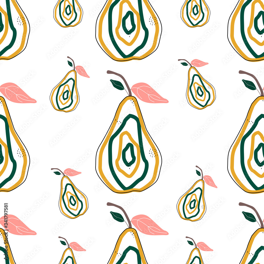 Flat pear seamless background vector illustration. Exotic fruits. Pattern for healthy lifestyle design. Scandinavian style. Vegetarian summer backdrop. Kitchen art. Fresh poster.