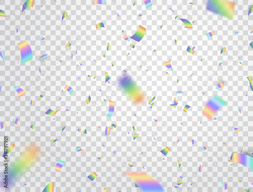 Holographic shiny falling confetti on white transparent background. Glitch effect. Rainbow festive tinsel. Foil hologram. Color iridescent decoration for Christmas, Birthday. Vector illustration
