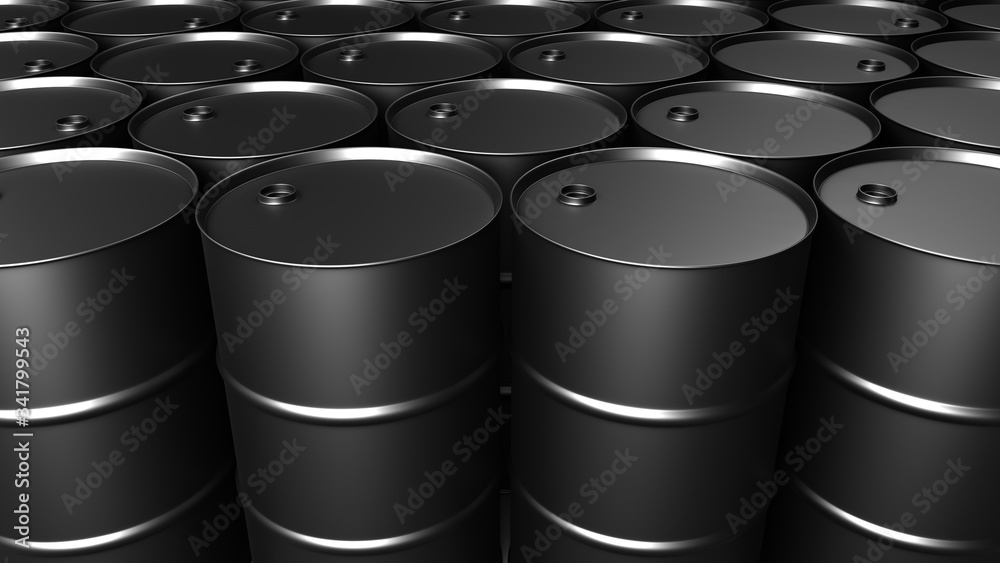 A lot of black oil barrels. 3D-rendering. A lot of black oil barrels. 3D-rendering.