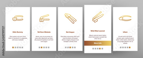 Garlic Press Utensil Onboarding Icons Set Vector. Garlic Press Kitchenware Equipment, Stainless Kitchen Tool, Metallic Ware For Cooking Illustrations