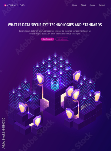 Cyber data security isometric landing page. Computing internet digital technology, blockchain, database protection. Server room protected with shields from outer hacker access, 3d vector web banner