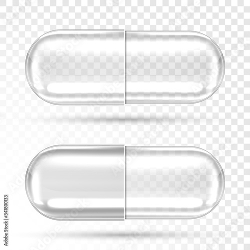 Empty pill capsules isolated on transparent background. Vector realistic mockup of pharmaceutical capsule, medical tablet, antibiotic or herbal drug. Closed clear glass or plastic cylinder