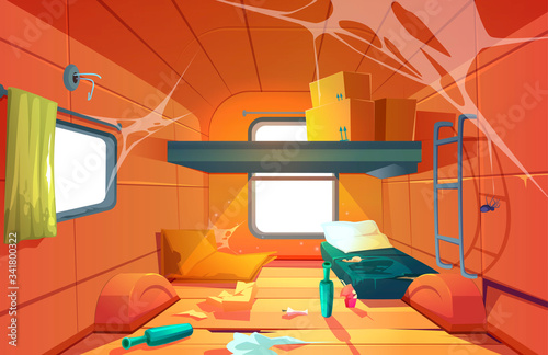 Poor dirty interior of camper. Vector cartoon illustration of poverty, abandoned camping van with mess, broken floor, torn bed, trash and spiderweb. Empty living room in trailer car
