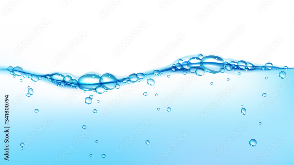 Fresh clean water wave with air bubbles. Vector realistic illustration of clear blue aqua surface isolated on white background. Water splash, flow of pure liquid drink Fresh clean water wave with air bubbles. Vector realistic illustration of clear blue aqua surface isolated on white background. Water splash, flow of pure liquid drink