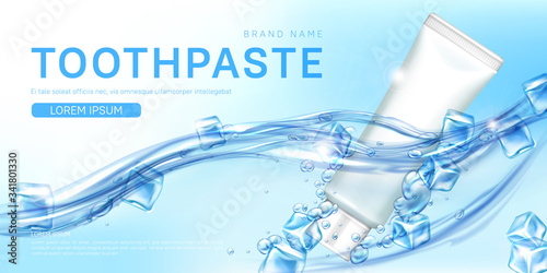 Toothpaste tube in water splash with ice cubes. Vector realistic brand poster with product for dental care, paste for tooth clean in blank white package. Promo banner, advertising background