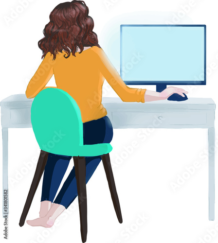 the girl works at home for a computer