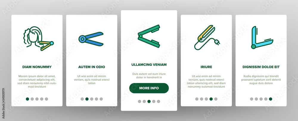 Naklejka premium Flat Iron Equipment Onboarding Icons Set Vector. Flat Iron Hairdresser Device, Appliance For Beauty Hair, Woman Make Coiffure With Tool Illustrations