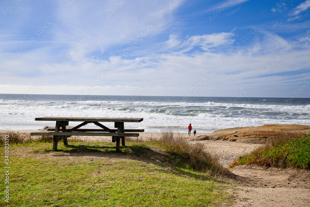 Wooden Piknik table on the California Coastline , Pacific Ocean Wooden Piknik table on the California Coastline , Pacific Ocean