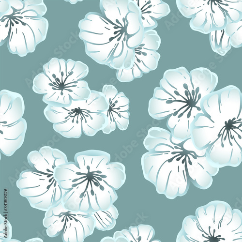Hand drawn seamless pattern vector of blue and white spring sakura, flowers, blooming floral elements. Ink doodle sketch illustration for design cards, invitations, wallpaper, wrapping paper, fabric