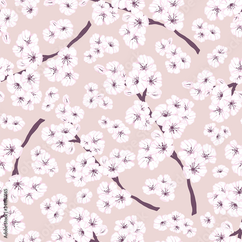Fototapeta Naklejka Na Ścianę i Meble -  Hand drawn seamless pattern of white spring sakura, flowers, blooming tree branches, floral elements. Colorful doodle sketch illustration for design card, invitation, wallpaper, wrapping paper, fabric