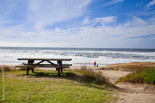 Wooden Piknik table on the California Coastline   Pacific Ocean