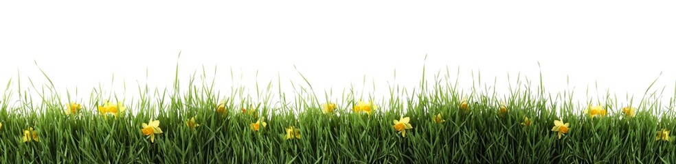 Fresh green grass and flowers on white background, banner design. Spring season