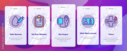 Donor Blood Donation Onboarding Icons Set Vector. Palpitations And Dizziness, Donor Badge Card With Medicine Information Illustrations