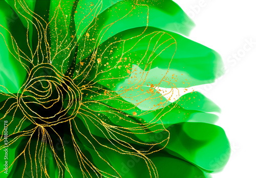 Handmade watercolor, alcohol inks flowers with green and gold on the white background. Useable as a background or texture. Elegant gold veins and splashes wallpaper. photo