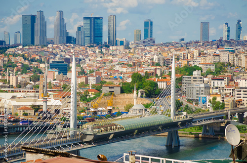 Golden Horn Metro Bridge. Top view of the strait, bridge, park, business center of the city. Downtown, modern skyscrapers. Turkey, Istanbul