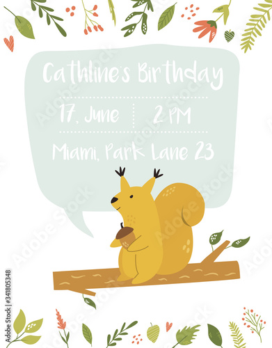 Baby Birthday invitation card funny cute squirrel