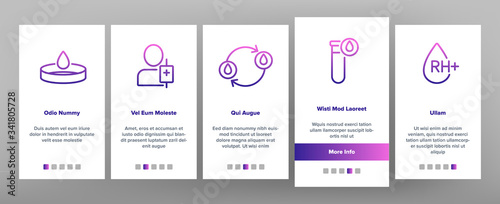Donor Blood Donation Onboarding Icons Set Vector. Palpitations And Dizziness, Donor Badge Card With Medicine Information Illustrations