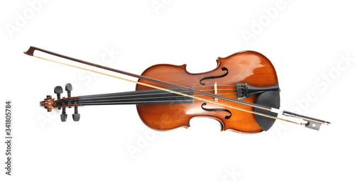 Beautiful classic violin and bow  on white background  top view. Musical instrument