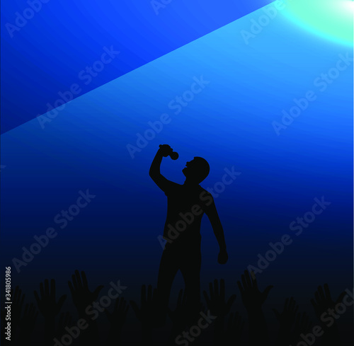 Illustration of a rock star performing at a music concert. The silhouette of a man singing with a microphone and the hands of the audience. Singer of pop music, country music.Stock vector illustration