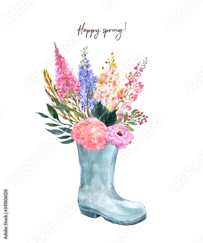 Watercolor spring rain boot with pretty floral bouquet. Garden flowers illust...