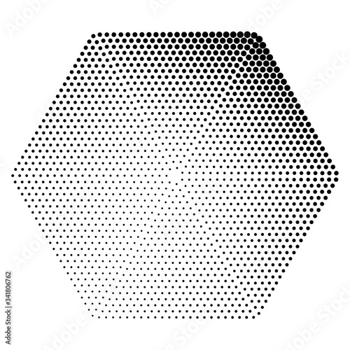 Halftone dots in hexagone form. Logo or icon label. Vector dotted frame as design element.