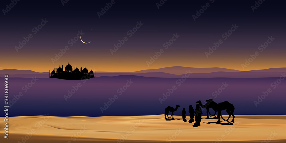 Group of Arab family with camels walking in desert sand, Panoramic landscape  Muslim caravan ride camel at night with full moon, shining stars AND sand dunes,Ramadan Kareem concept