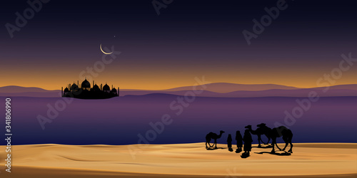 Group of Arab family with camels walking in desert sand  Panoramic landscape  Muslim caravan ride camel at night with full moon  shining stars AND sand dunes Ramadan Kareem concept