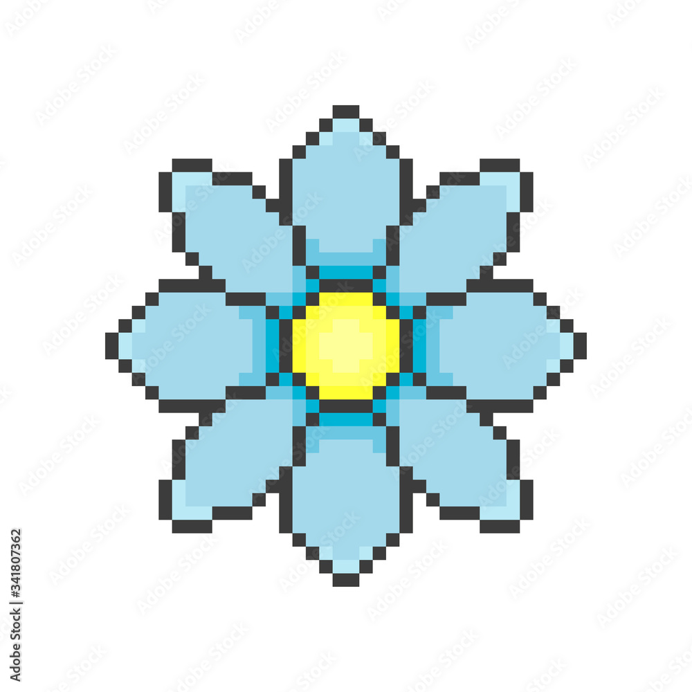 Fototapeta premium Pixel flower icon. Beautiful colored daisy. Vector graphic illustration. Isolated object on a white background. Isolate.