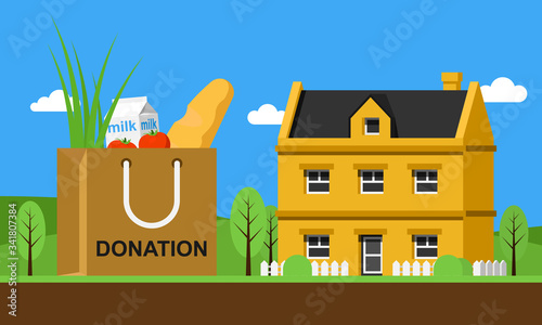 Donation package with food for senior people flat vector illustration.