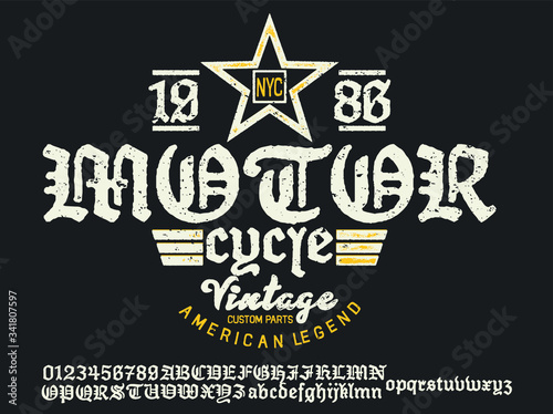 Emblem Motorcycle Collection .Decorative gothic serif font inspired by the Art Deco era.The font is perfect for elegant ligatures logo design. Letters, Numbers and Symbols. Vector Illustration.