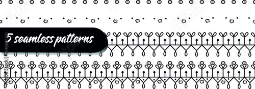 Sat of 5 seamless border, workpiece for your design. Ornamental elements and motifs. Decor for textile and print design.Vector