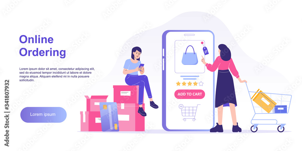 Online shopping concept. Young woman holding shopping trolley cart ordering with huge smartphone app. Ordering with online payment. Purchase. Web landing page. Isolated stock vector illustration