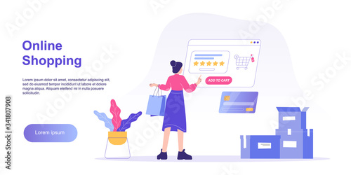 Online shopping concept. Young woman holding colorful shopping bags and ordering with user interface. Ordering with online payment. Purchase. Web landing page. Isolated stock vector illustration © Muqamba