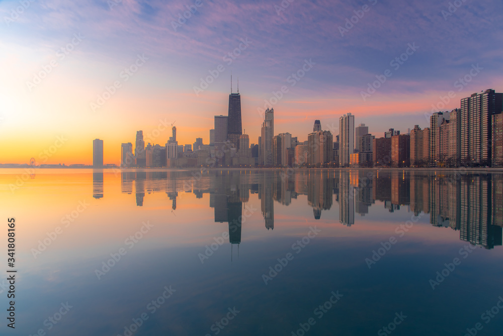 Chicago Skyline Cityscape at night  and  blue sky with cloud, Chicago, United state