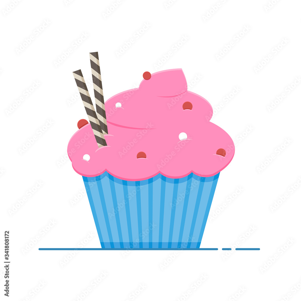 Vector isolated cupcake with sprinkles and chocolate sticks. Flat graphics. Vector isolated cupcake with sprinkles and chocolate sticks. Flat graphics.