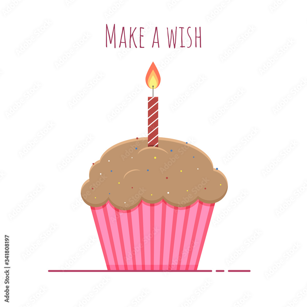 Vector isolated cupcake with sprinkles and a burning candle. Flat graphics. Vector isolated cupcake with sprinkles and a burning candle. Flat graphics.