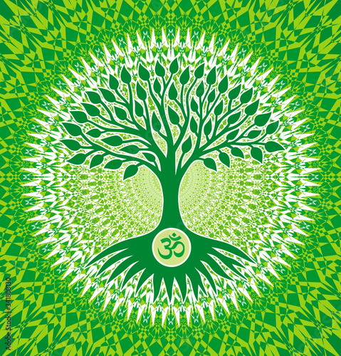 The tree of life with an om / aum/ ohm sign on a green and yellow openwork mandala background. Spiritual mystical and environmental symbol. Vector art graphic.