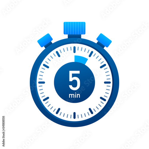 The 5 minutes, stopwatch vector icon. Stopwatch icon in flat style, timer on on color background. Vector illustration.