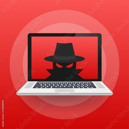 Spyware, Internet technology. Stop sign, Web icon. Danger symbol. Concept hacking computer. Vector illustration photo