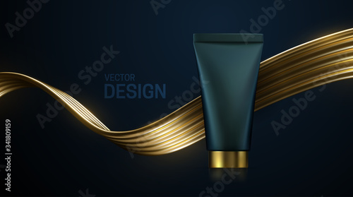 Cream tube on black background with golden streaming wave. Vector 3d illustration. Cosmetic package mockup. Hair repair product concept.