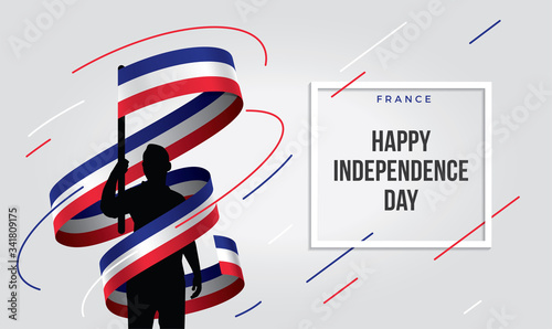 France French flag standing over isolated white background stressed with hand ... Glad teenager man waving flag of France and young, national holiday.
