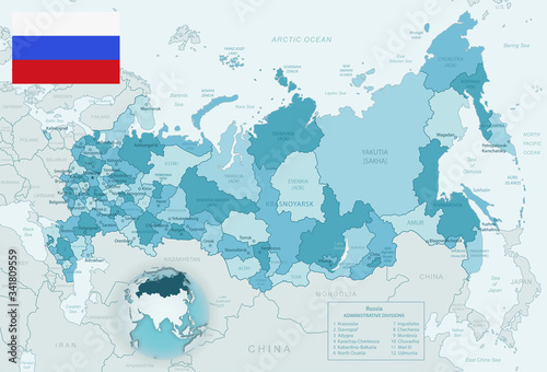 Blue-green detailed map of Russia administrative divisions with country flag and location on the globe.